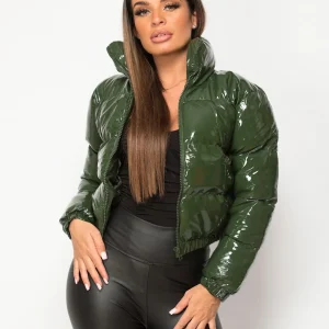 Khaki High Shine PU Vinyl Cropped Puffer Jacket