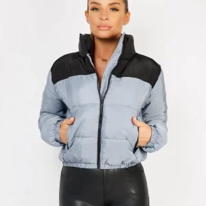 Grey Colour Block Padded Zipped Puffer Bomber Jacket