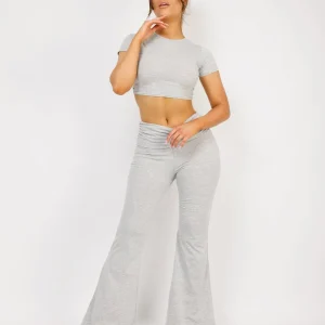 Grey Crop Top And Fold Over Flared Trousers Loungewear Set