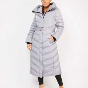 Grey Longline Padded Full Length Belted Puffer Coat Jacket