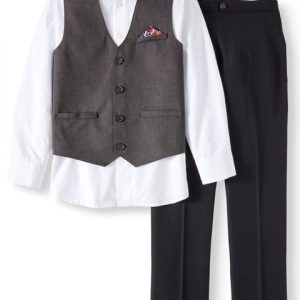 Wonder Nation Boys Suit Charcoal Birdseye 4-Piece Dressy Vest Set with Bow Tie and Hanky