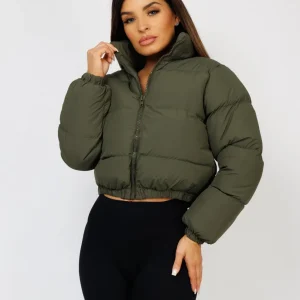 Khaki Solid Front Zipper Cropped Padded Puffer Jacket