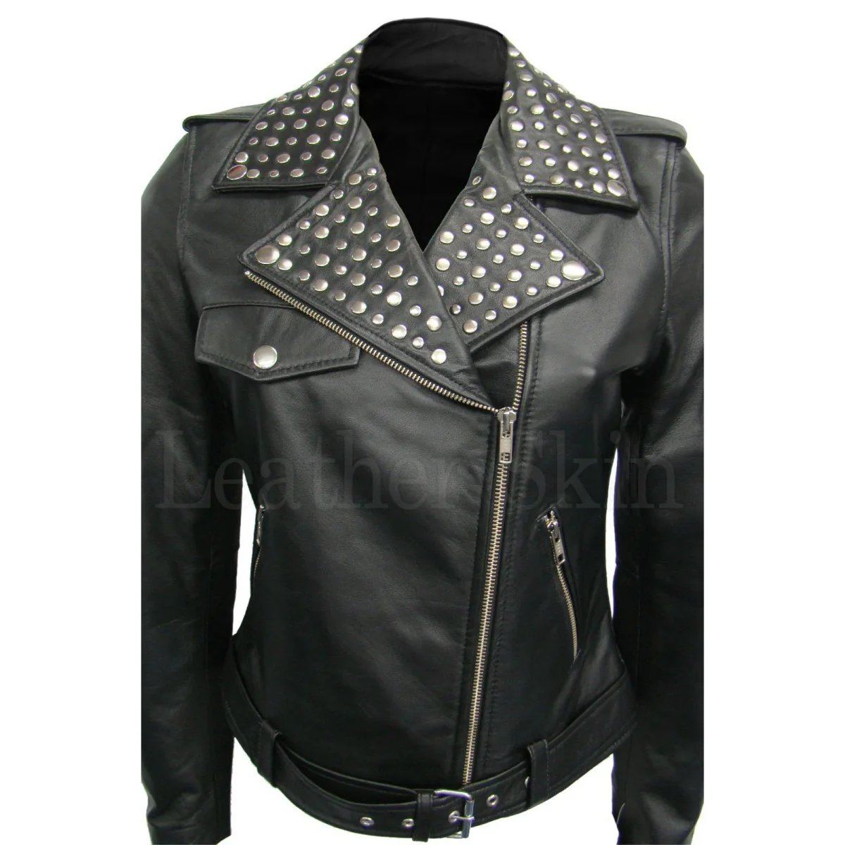 Leather Skin Women Brando Black Collar Studded Genuine Leather Jacket - Image 2