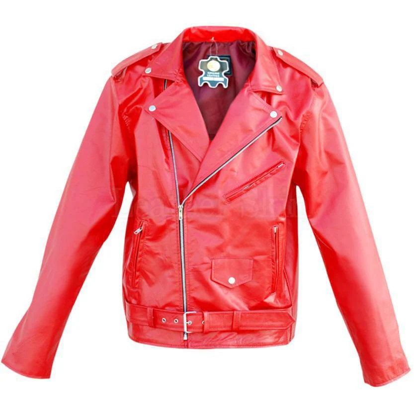 Leather Skin Unisex Punk Red Brando Belted Genuine Leather Jacket with front pocket - Image 2