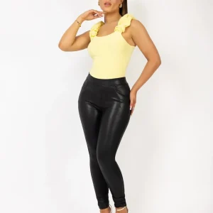 Lemon Ruffle Ruched Straps Flare Bodysuit