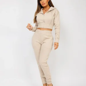 Oatmeal Zipped Cropped Hooded Tracksuit Loungewear Set