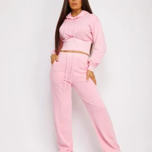 Baby Pink Acid Wash Ribbed High Hem Hoodie & Lined Straight Joggers