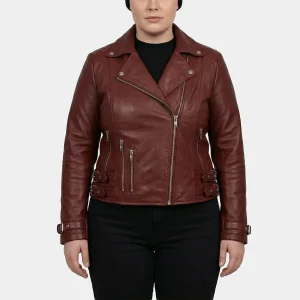 Sereia Plus Size Women's Oxblood Leather Asymmetric Biker Jacket