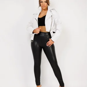 White Faux Leather Cropped Belted Biker Jacket