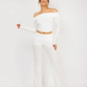 White Flare Trousers And Off Shoulder Top Fold Detail Set
